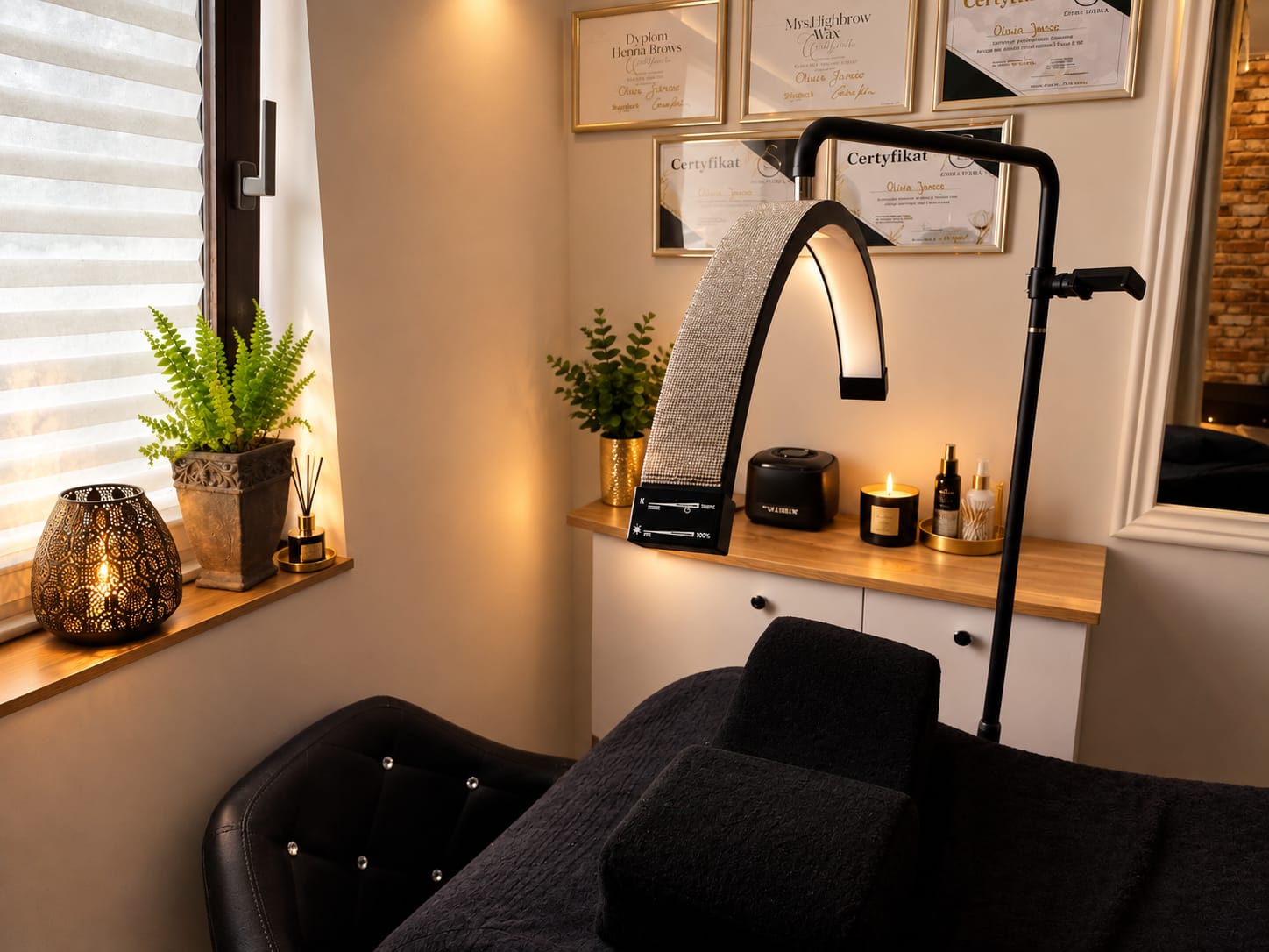 Gabinet brwi i rzęs Perfect Beauty — łukowa lampa zabiegowa nad łóżkiem, certyfikaty na ścianie